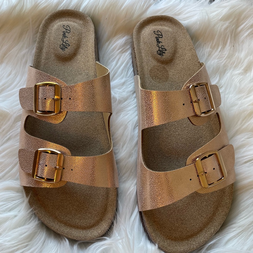 Pink Lily NWT Double Buckle Tan Sandals - Picture 2 of 5